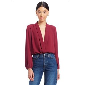Amanda Uprichard Long Sleeve Hera Bodysuit Top Malbec Maroon Burgundy Surplice